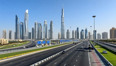 Dubai skyline with highways and toll gates Dubai skyline with highways and toll gates